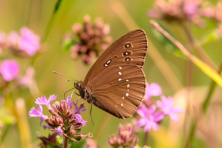 Beautiful Wood Brown Eye butterfly rests among the foliage of a garden.の素材
