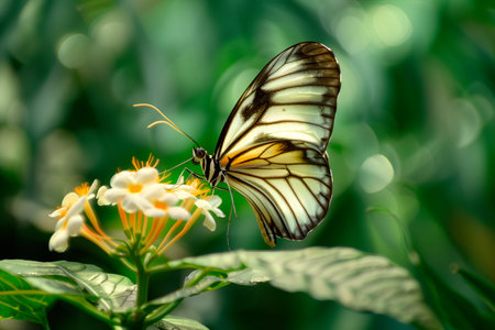 Beautiful White butterfly rests among the foliage of a garden.の素材