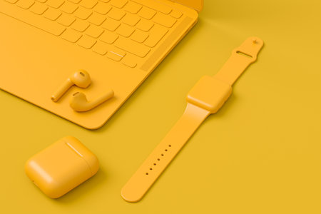 Aluminum computer tablet with stylus, smart watch, phone and headphones on monochrome background. 3D render concept of creative designer equipment and compact workspaceの写真素材