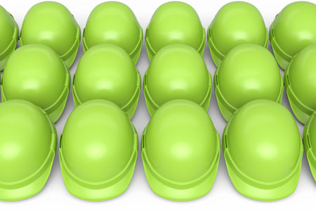 Set of safety helmets or hard caps for carpentry work in row on white background. 3d render and...