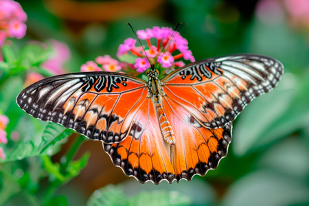 Beautiful black, yellow and orange butterfly rests among the foliage of a garden.の素材