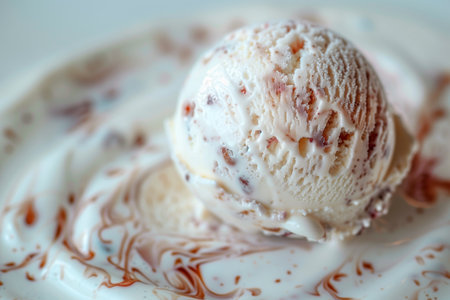 Macro photo of delicious vanilla ice cream as background, close up of icecream scoops. Selective focus.の素材