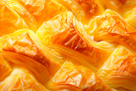 Detailed close-up of golden crispy phyllo pastry layers displaying texture and pattern. Suitable for food backgrounds and culinary concepts.の素材