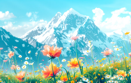 Vibrant wildflowers bloom in a vast meadow with snowcapped mountains in the background under a bright blue sky. Perfect for nature, spring, and landscape themes.の素材