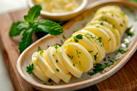 Closeup of garlic creamy butter with herbs and rosemary for sandwiches and steak as background.の素材