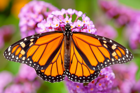 Beautiful orange butterfly rests among the foliage of a garden.の素材
