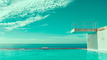 Spacious open air swimming pool illuminated by natural sunlight beams, creating a serene and reflective atmosphere. Modern architectural design with clean lines.の素材