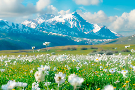 Vibrant wildflowers bloom in a vast meadow with snowcapped mountains in the background under a bright blue sky. Perfect for nature, spring, and landscape themes.の素材