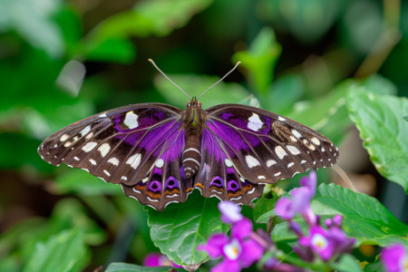 Beautiful black and purple butterfly rests among the foliage of a garden.の素材