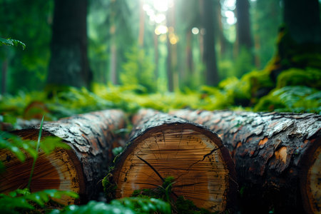 Sunlit forest path with cut tree logs. Misty atmosphere with sunlight filtering through tall trees, creating a serene and mysterious mood.の素材