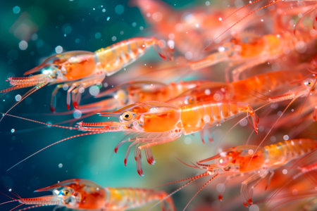 lobster krill swarm in a lively and elaborate natural habitat from a close perspective.の素材