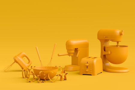 Electric kitchen appliances and utensils for making culinary on yellow monochrome background. 3d render of kitchenware for cooking, baking, blending and whippingの写真素材