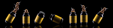Sport nutrition like whey protein casein, bcaa, creatine plastic jar isolated on black background...