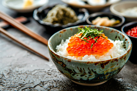 Bowl filled with steaming rice and other food. Japanese style served rice with furikake and caviar.の素材