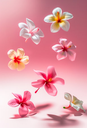 A vibrant collection of various exotic flowers with floating petals on a pink background. Featuring plumeria, pink frangipani and hibiscus. Perfect for spring themes, floral designs, and backgrounds.の素材