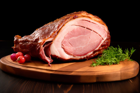 A close up of sliced homemade hot pork tenderloin in a pan with herbs and spices.の素材