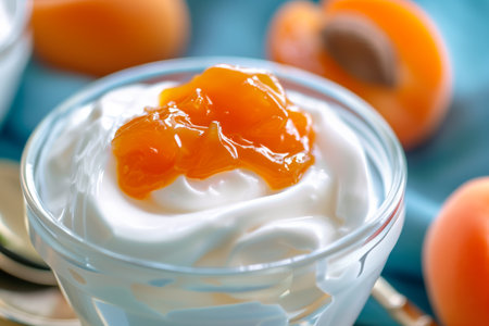 Bowl of yogurt with peach jam as background, top view of spilled apricot jelly on granolaの素材