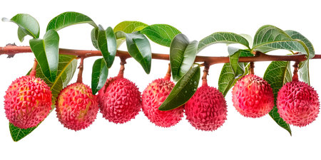 Close-up of ripe Lychees on a tree branch. The vibrant citrus fruits and green leaves convey freshness and healthy living.の素材