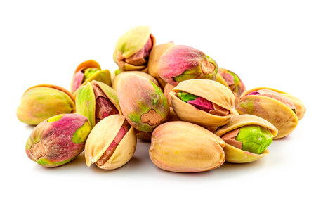 Close-up of shelled and unshelled pistachios nuts isolated on a white background, showcasing their texture and natural appearance.の素材