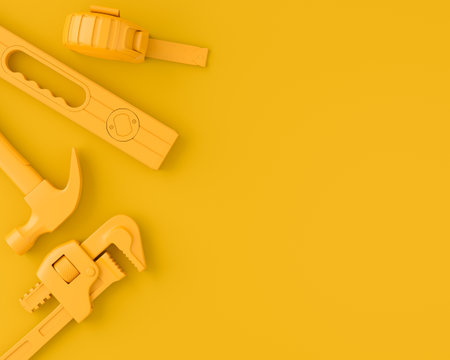 Top view of monochrome construction tools for repair and installation on multicolor background. 3d...