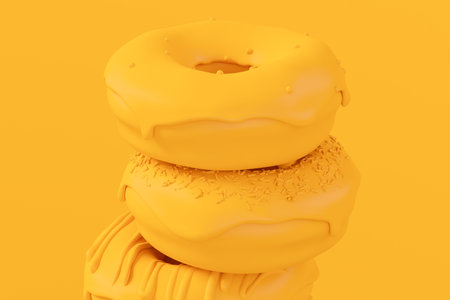 Stack of glazed donut with sprinkles on plain monochrome yellow color background with copy space. 3d render of fast food bakery ad design elements with frosting confectioneryの写真素材