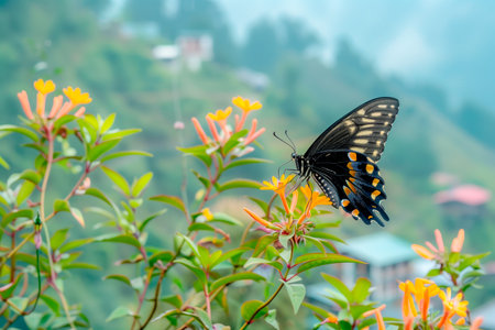 Beautiful black, yellow and orange butterfly rests among the foliage of a garden.の素材