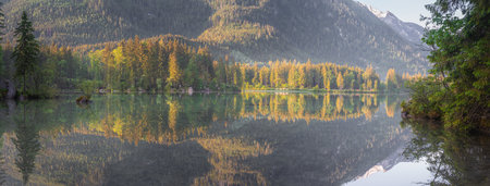 Mountain landscape and view of beautiful Hintersee lake in Berchtesgaden National Park, Upper...