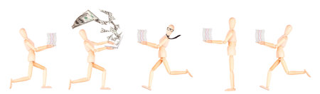 Collection of wooden human mannequins demonstrating different poses and positions on a white background.の写真素材