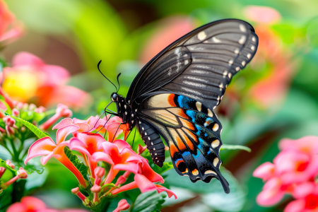 Beautiful Blue Morpho butterfly rests among the foliage of a garden.の素材