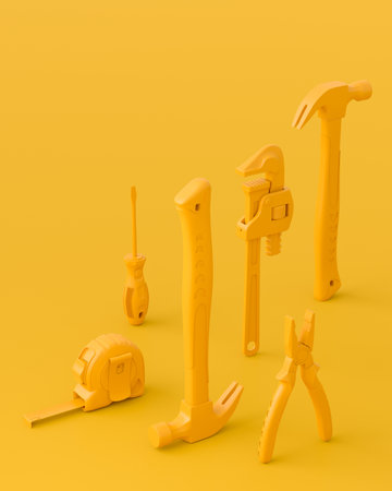 Isometric view of monochrome construction tools for repair and installation on multicolor...