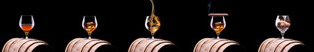 Cognac and Cigar on black background with wooden vintage barrel