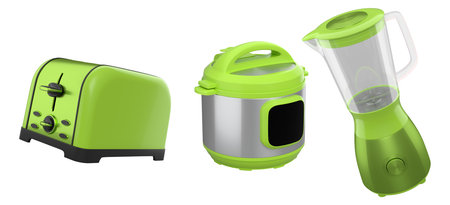 Electric kitchen appliances and utensils like multi cooker, blender and toaster on white background. 3d render of kitchenware for cooking, baking, blending and whippingの写真素材
