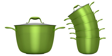 Set of stainless steel stewpot, frying pan and chrome plated aluminum cookware on white background. 3d render of non-stick kitchen utensilsの写真素材