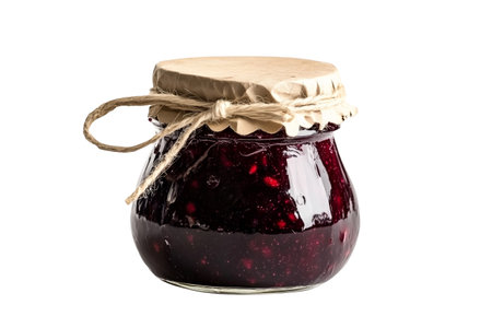 A jar of homemade berry marmalade or blackberry jam isolated on white transparent backgroundの素材