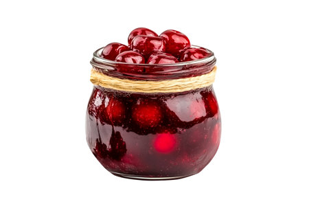 A jar of homemade berry marmalade or cherry jam isolated on white transparent backgroundの素材