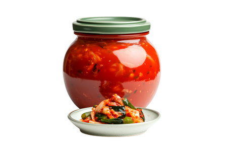 Kimchi cabbage prepared with vegetables, crisp bok choy lettuce, red chili and green onion in a glass jarの素材