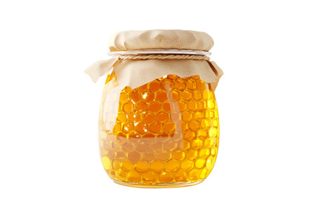 Natural honey in a jar that highlights honeycomb isolated on white transparent backgroundの素材