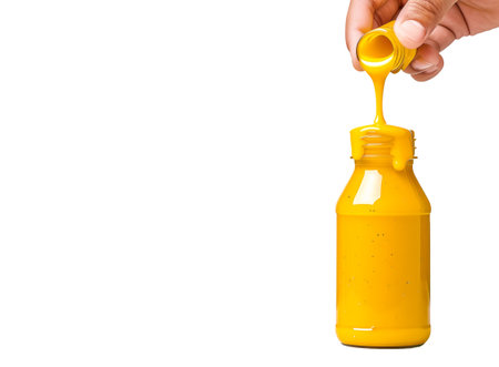 Mustard in clear plastic bottle isolated on white transparent backgroundの素材