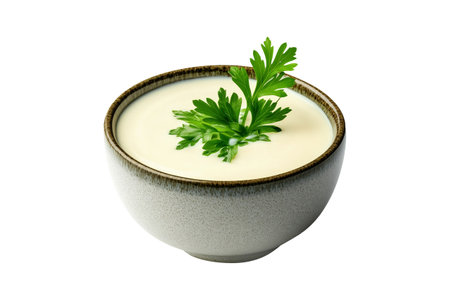 Bowl with creamy Ranch sauce garnished with fresh herbs and chopped green onions isolated on a white backgroundの素材
