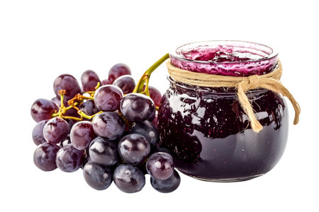 Closeup of jar of grape jam with a bunch of fresh grapes isolated on white transparent background. Concept of homemade preserves and fruitの素材