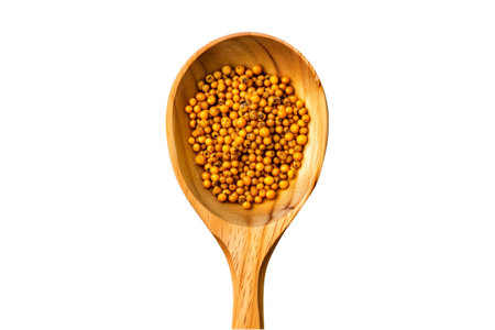 Yellow mustard seeds in a wooden scoop isolated on white transparent background.の素材