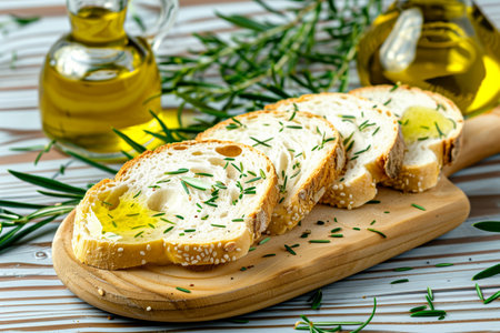Slices of bread drizzled with olive oil and sprinkled with rosemary on a wooden board. Concept of Mediterranean cuisine and healthy eatingの素材
