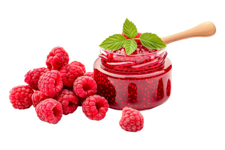 Fresh raspberries and a jar of raspberry jam with a wooden spoon and green leaves isolated on white transparent backgroundの素材