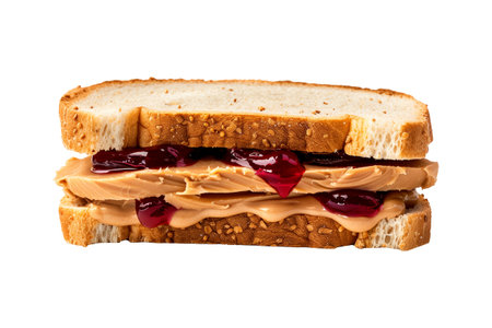 Peanut butter and jelly sandwiches with white bread isolated on white transparent background. Concept of simple and delicious snack.の素材