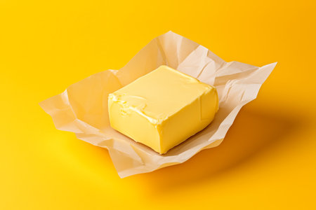 A block of butter wrapped in pale yellow paper isolated on white transparent background.の素材