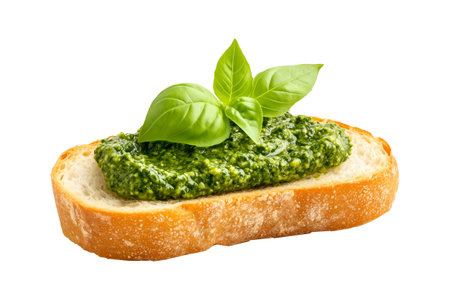 Slice of bread topped with fresh green pesto sauce and basil leaves, isolated on white transparent background. Concept of healthy food and culinaryの素材