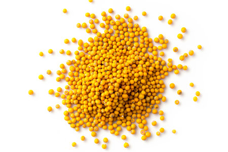 Pile of yellow mustard seeds on white background.の素材