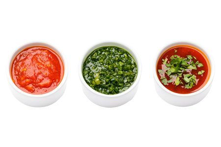 Different bowls of salsas arranged in row isolated on a white transparent background. Fresh and vibrant food conceptの素材