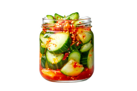 Kimchi cabbage prepared with vegetables, cucumber, red chili and green onion isolated on white transparent background.の素材