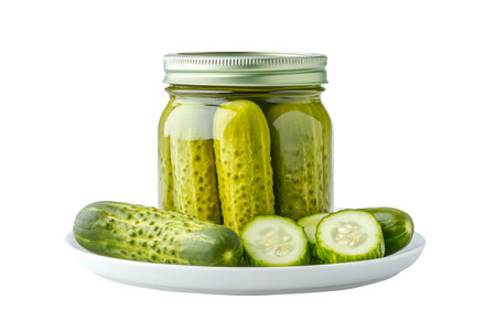 Jar of pickled cucumbers with metal lid isolated on white transparent background. Concept of preserved food and homemade picklesの素材
